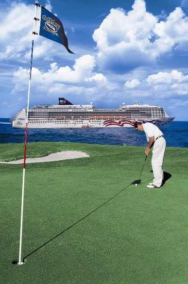 Golfer putting a hole golf green in Hawaii with golf cruise ship in background