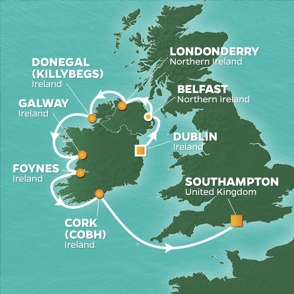Map showing Ireland golf cruise route