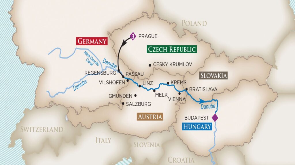 Europe map showing Danube River Golf Cruise between Prague and Budapest